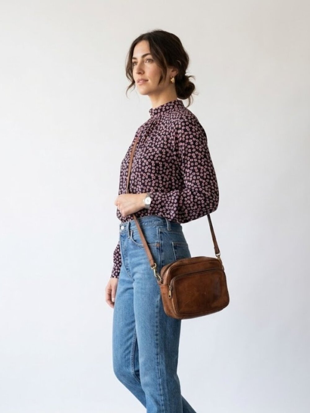 Pieces Floral Mock Neck Blouse Black Pink Long Sleeve Top Size Small